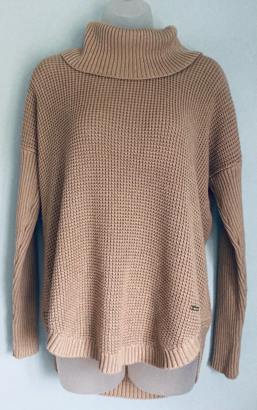 Calvin Klein Sweater Women's Medium Tan Waffle Knit Turtle Neck Cottage